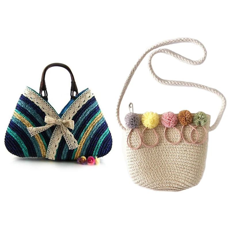 

1 Pcs Girls Shoulder Bag Straw Rattan Bag Beige & 1 Pcs Bow Rainbow Stripes Lace Bow Bag New Straw Bag Blue