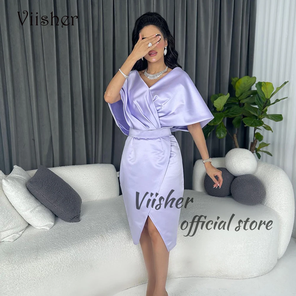

Viisher Lilac Satin Mermaid Evening Dresses Short Sleeve V Neck Formal Occasion Dress Arabian Dubai Prom Party Gowns Knee Length