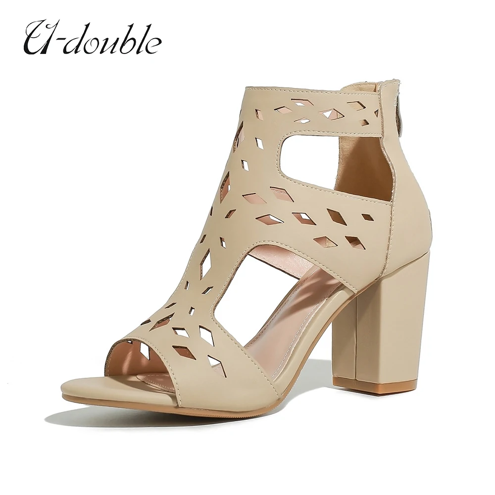 

8cm Women Square Heel Sandals Peep Toe Hollow Out Chunky Gladiator Sandals Zip Strap Apricot Spring Summer Shoes