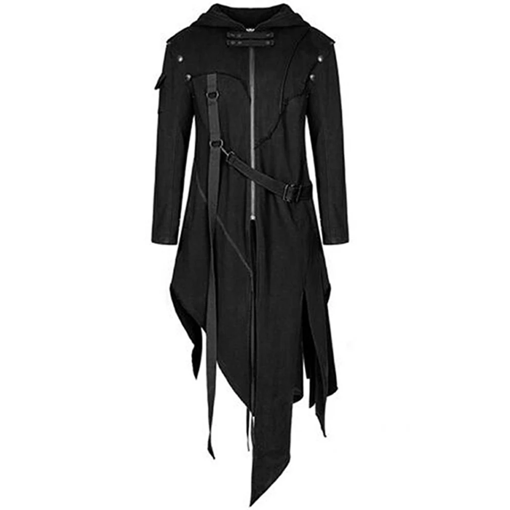 

Пальто мужские черные из полиэстера, топы, Готическая куртка с капюшоном на молнии и подолом для Хэллоуина, длинная стандартная верхняя одежда в средневековом стиле для карнавала