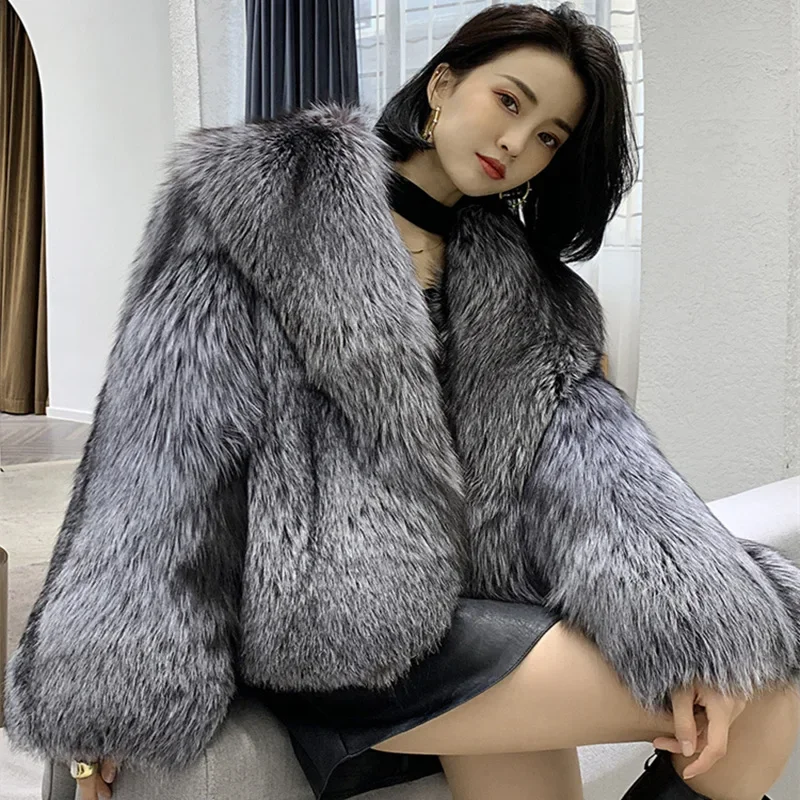 

2023 Faux Fur Women Winter Jacket New Fashion Thick Warm High Quality Natural Silver Fox Fur Short Feminine Luxurious Noble Coat