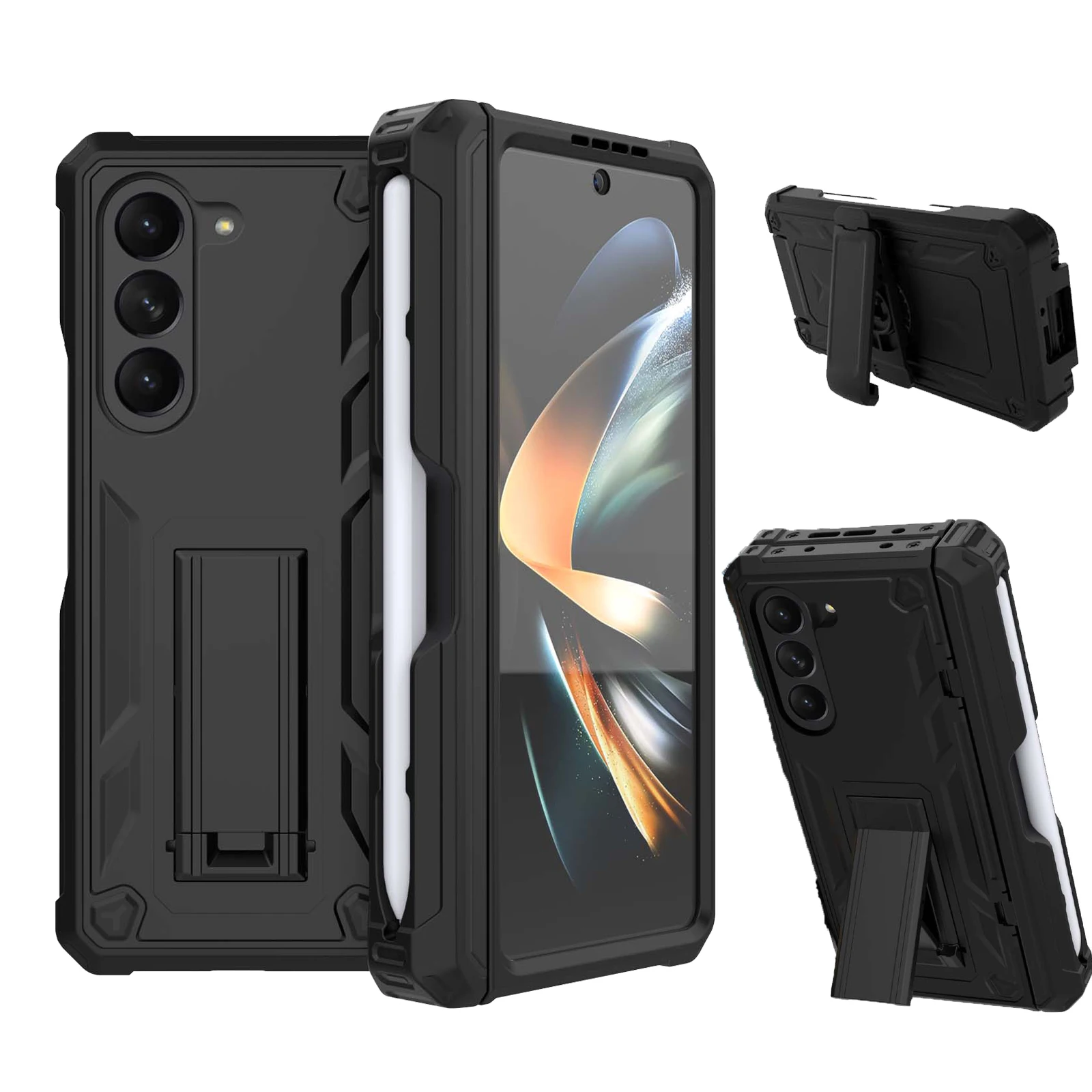 

Shockproof Heavy Duty Kickstand Case, 360 ° Revolve Belt Clip Cover , For Samsung Galaxy Z Fold 5 with Glass Screen Protector