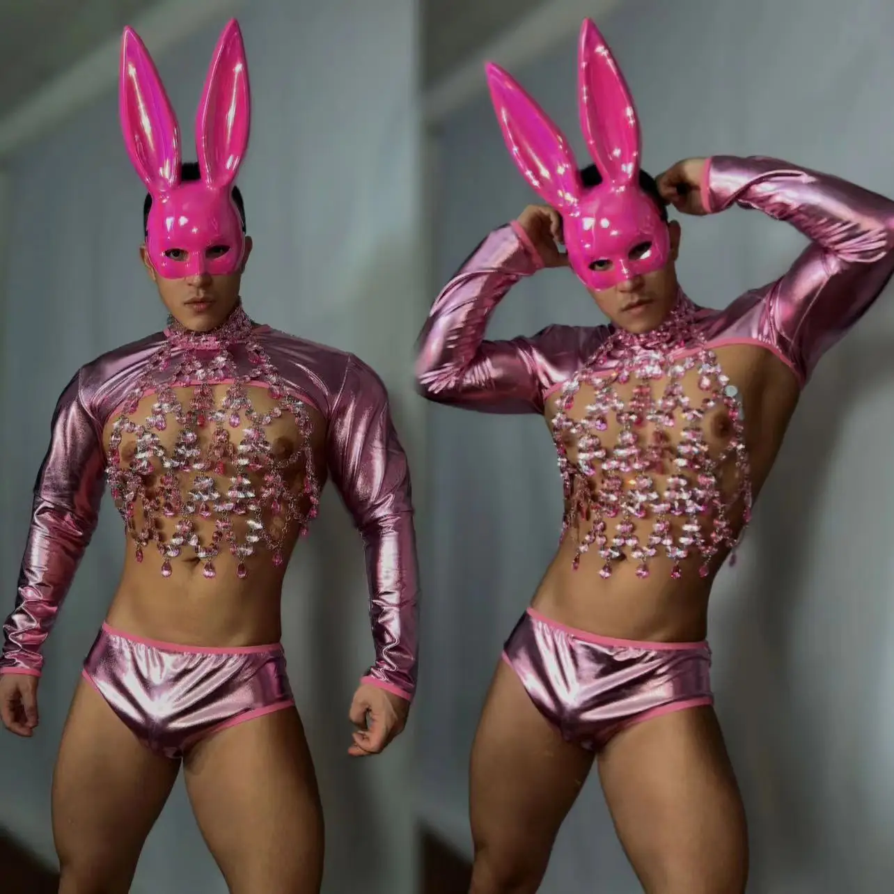 Laser Pink Pole Dance Costume Muscle Man Dancing Clothes Rhinestones Vest Rabbit Mask Gogo Dancewear Party Rave Outfit
Laser Pink Pole Dance Costume Muscle Man Dancing Clothes Rhinestones Vest Rabbit Mask Gogo Dancewear Party Rave Outfit
