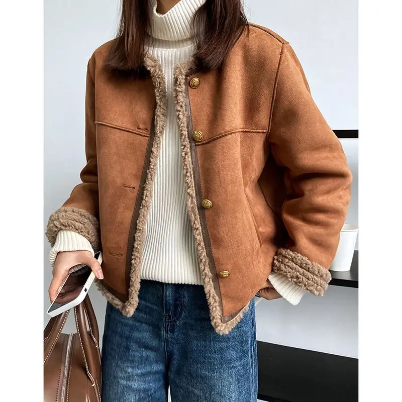 

2023 New Faux Fur Grass Single Breasted Coats Fake Spliced Elegant Short Fashion Round Collar Coat for Women T921