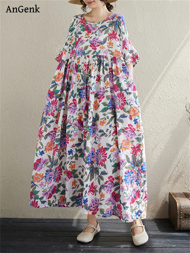 

Женское винтажное платье из хлопка, повседневное Свободное длинное платье с принтом, элегантная одежда для отдыха и пляжа, лето 2024