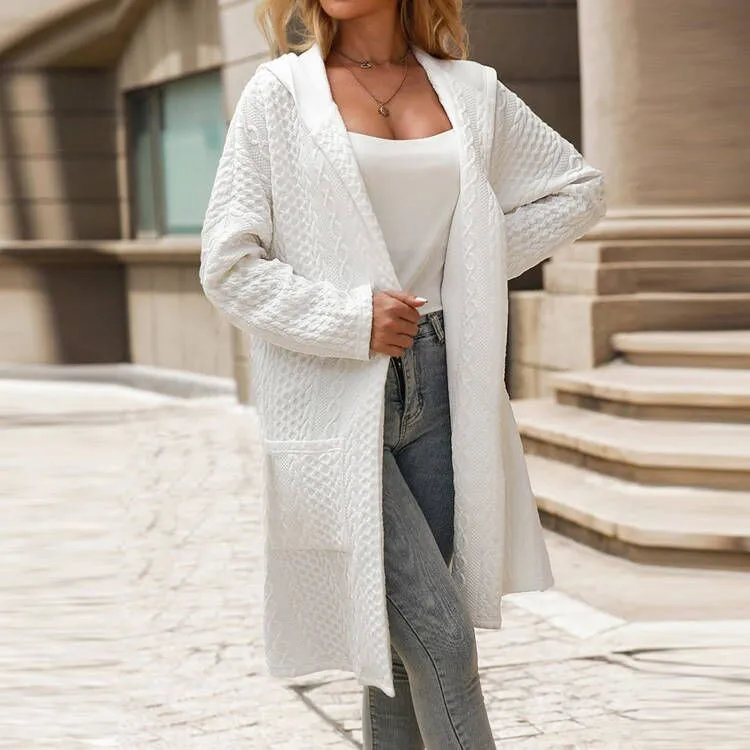 

Women's Outcoat Jacquard Textured Longline Coat with Big Pocket Open Front Oversized Hooded Cardigan Outerwear Warm Sweater Coat