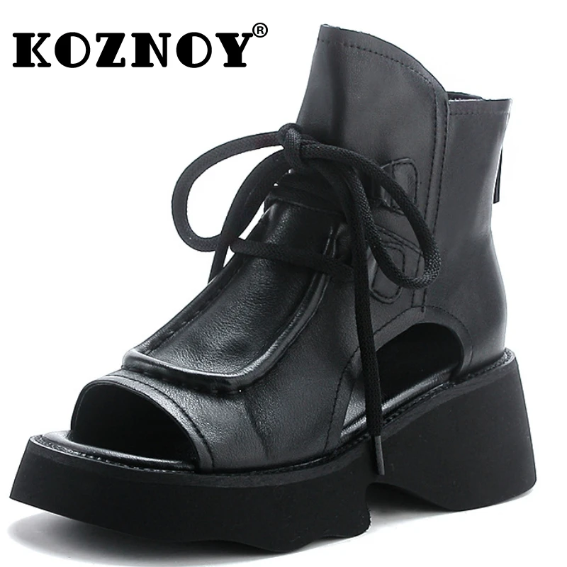 

Koznoy 6cm Genuine Leather Boots Chimney Fashion Peep Toe Moccasins Motorcycle Ankle Booties Summer Sandals Hollow Women Shoes