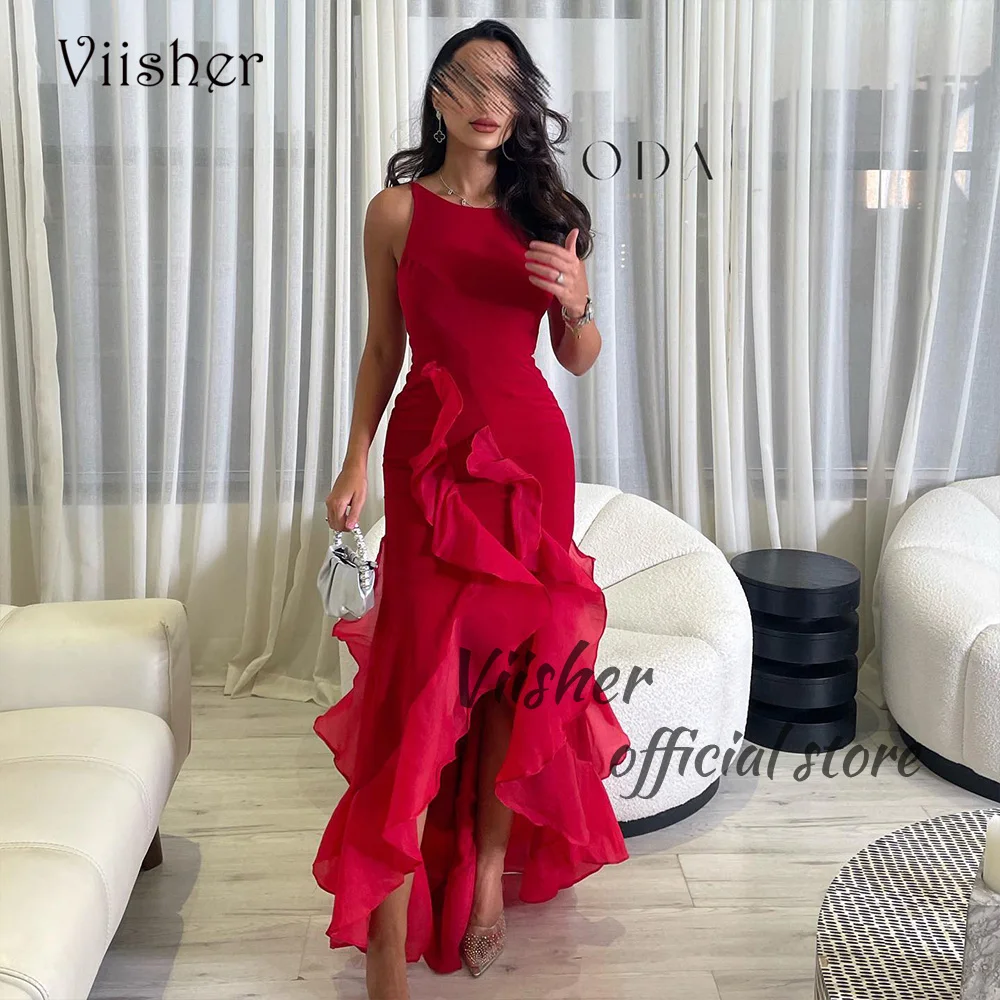 

Viisher Red Mermaid Evening Dresses with Slit Sleeveless O Neck Arabic Formal Prom Dress Floor Length Women Celebrate Event Gown