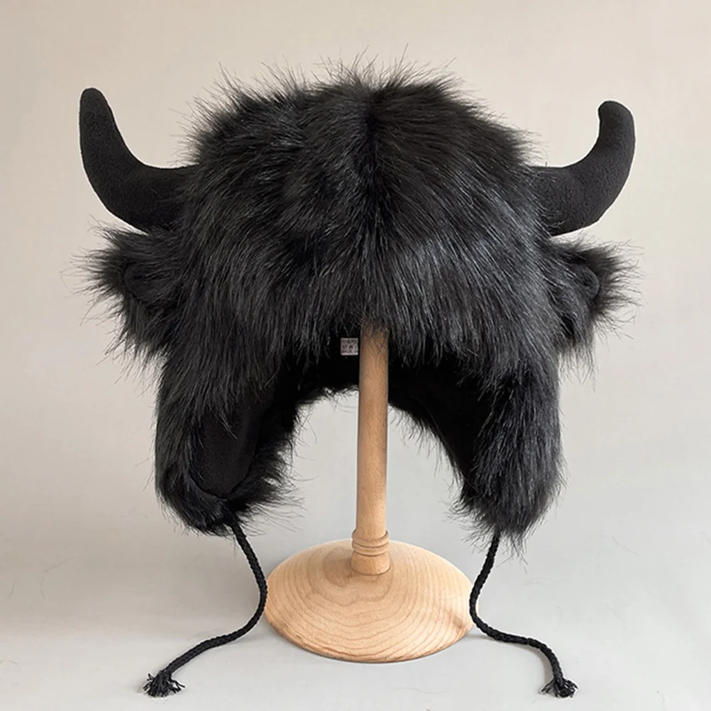 

Bull Hat Winter Ox Horn Cosplay Party Decorative Plush for Women Windproof Cute