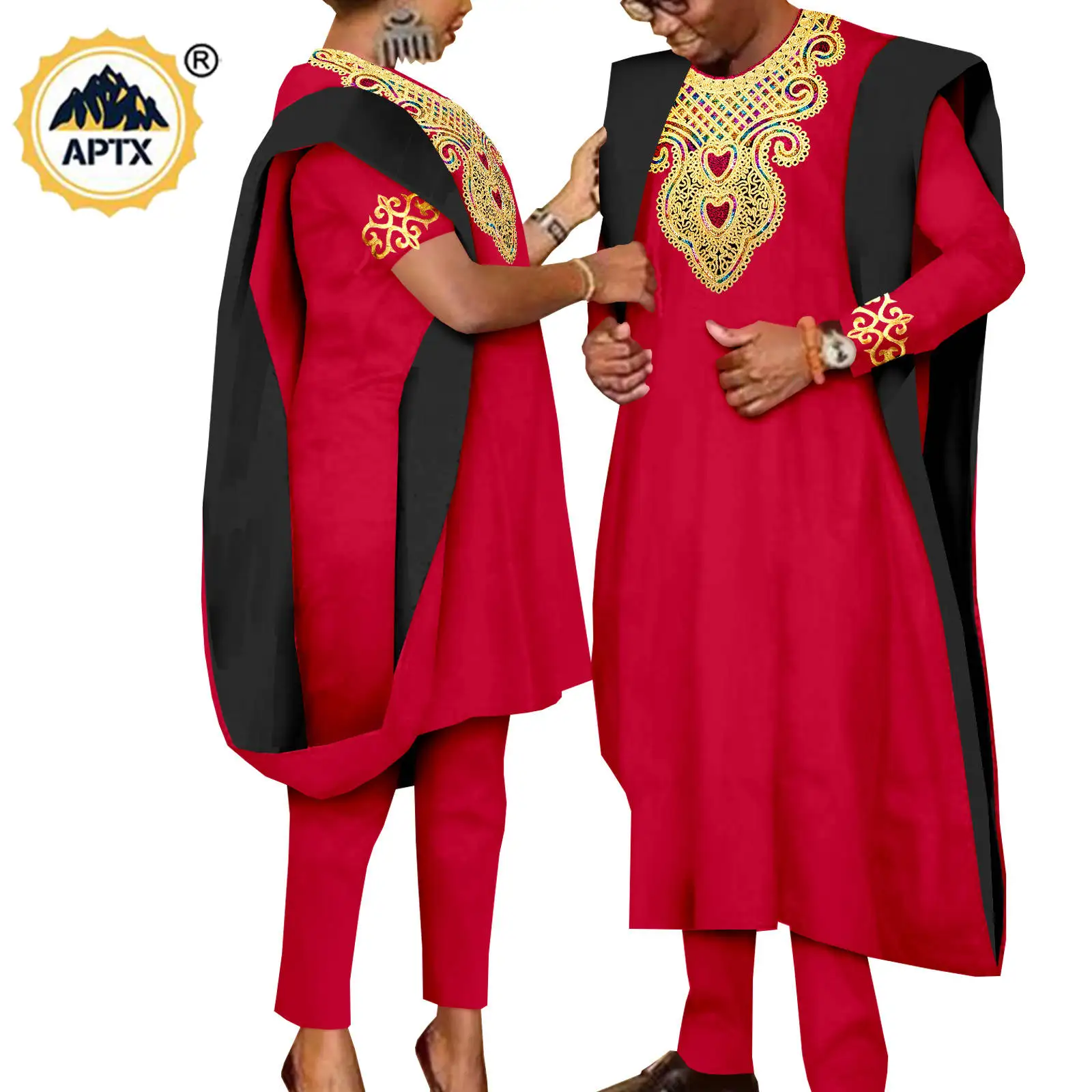 

African 3 Pieces Suit for Men Matching Couple Outfits Agbada Dashiki Women Muslim Sets Bazin Riche Applique Robes Asoebi Y23C029