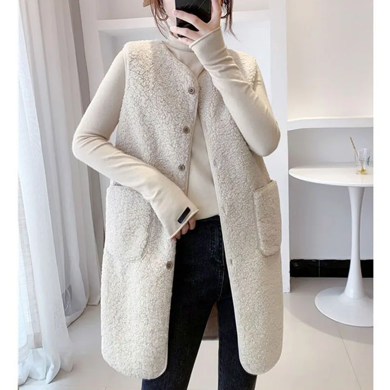 

2023 NEW Faux Fleece Vest Women Autumn Wool Blend Coat Female Long Sleeveless Jacket Casual Chalecos Korean Waistcoat Muje