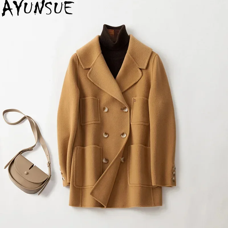 

100% AYUNSUE шерстяные пальто для женщин 2024 осень зима элегантная Двусторонняя шерстяная куртка женская верхняя одежда средней длины женский Блузон