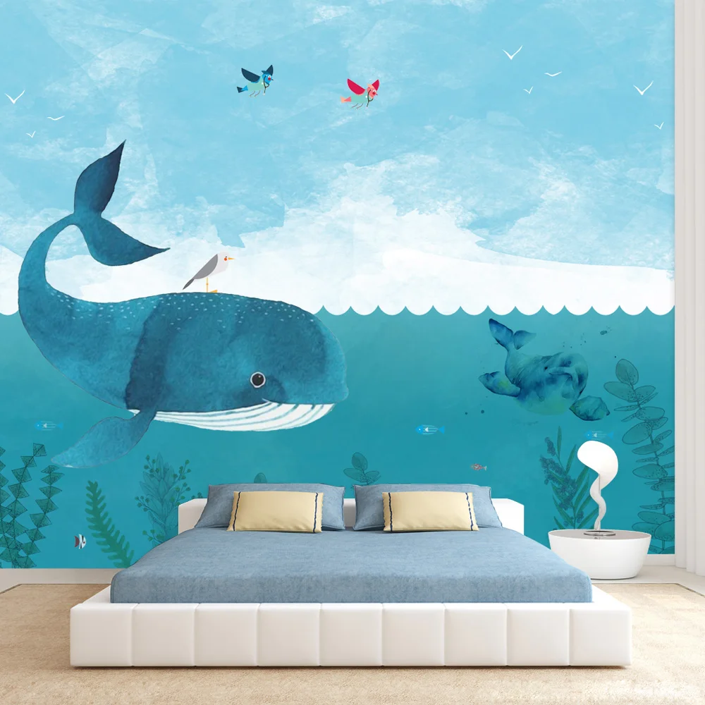 

Cartoon Custom Peel and Stick Accept Wallpapers for Living Room Kids Whale Animal Contact Wall Covering Papers Home Decor Mural