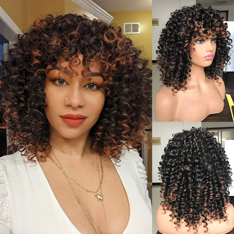 

Short Ombre Curly Wig With Bangs Synthetic Wigs For Women Cosplay Mixed Blonde Bouncy Curly Wig Full Machine Made Glueless Wigs