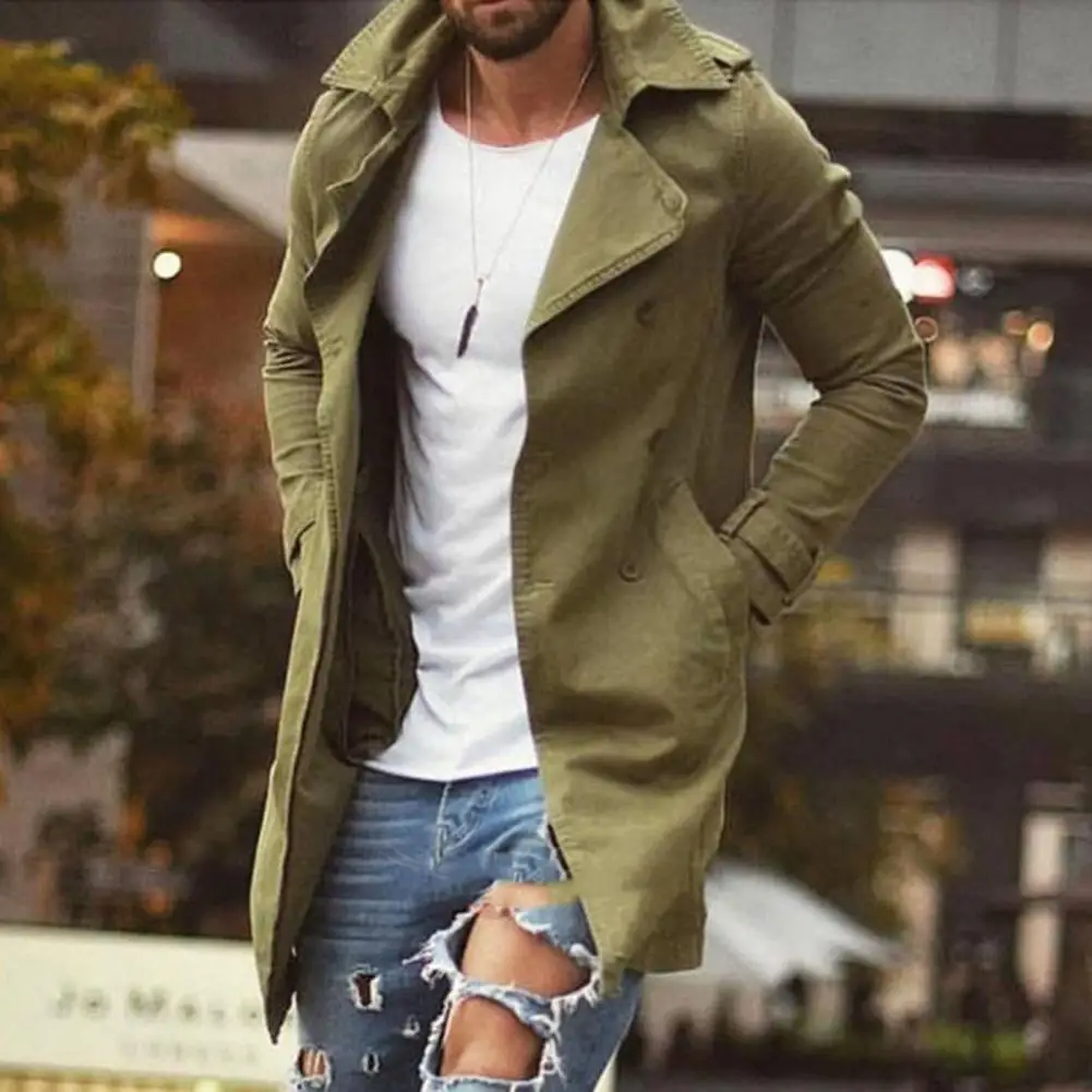 

Мужская повседневная куртка, мужской тренчкот, мужское облегающее осеннее пальто средней длины с отложным воротником и ветрозащитными карманами на пуговицах