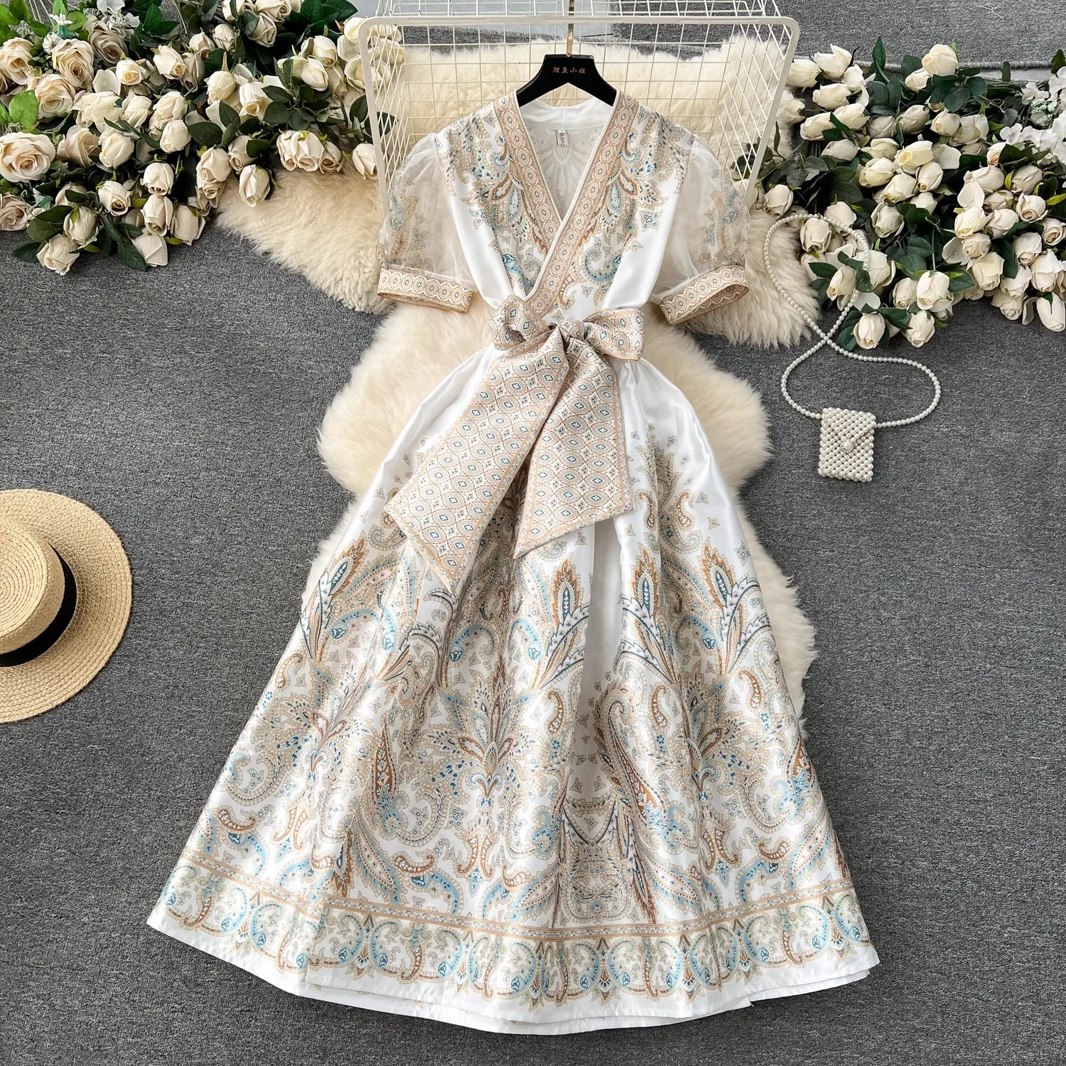 

Vintage Summer Paisley Print Holiday Long Dresses Bohemian Women's V Neck Puff Short Sleeve Flower Lace Up Sashes Clothes Robe