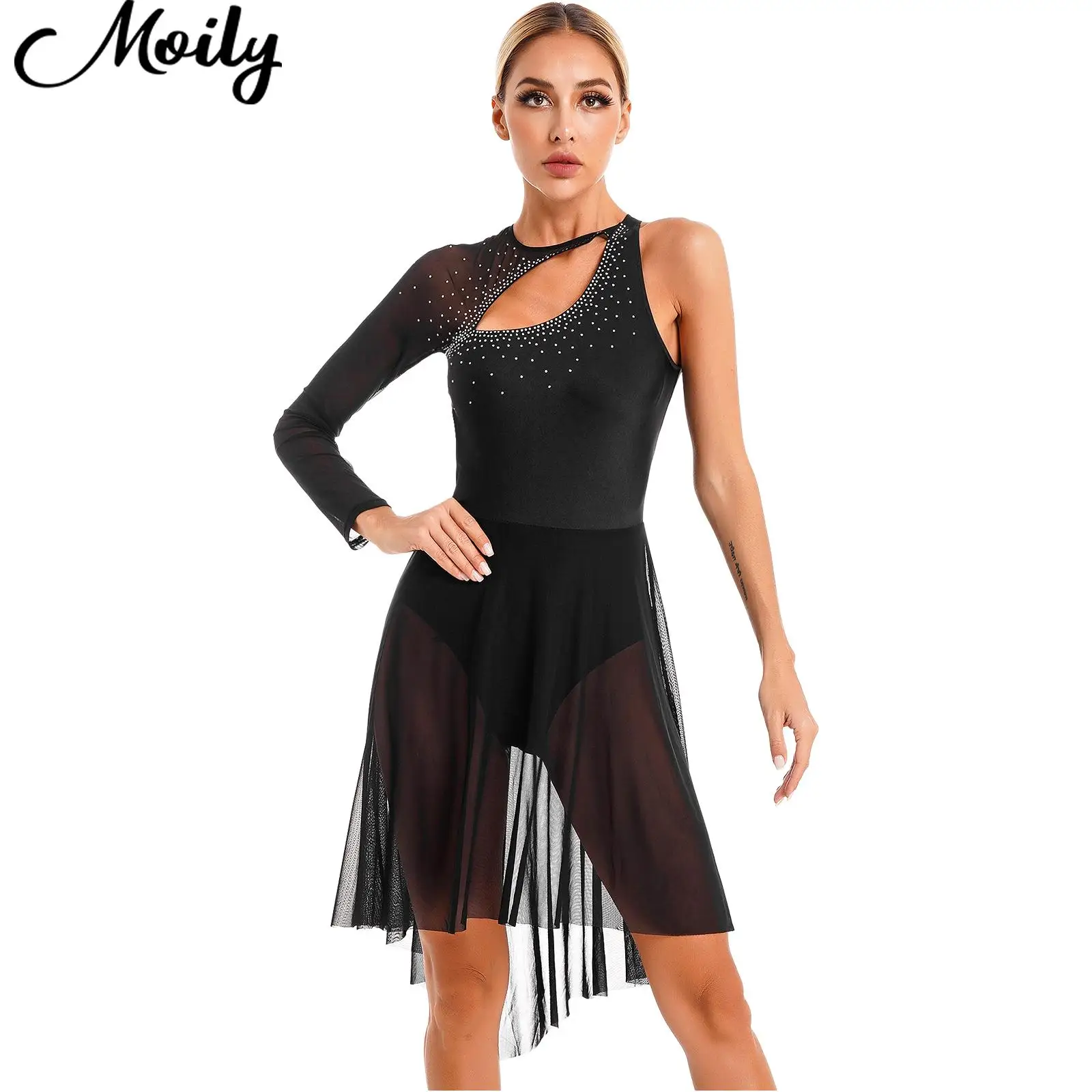 Womens Figure Skating Costumes Glitter Rhinestone Cutout Lyrical Dance Dresses One Shoulder Sheer Mesh Long Sleeve Leotard Dress
Womens Figure Skating Costumes Glitter Rhinestone Cutout Lyrical Dance Dresses One Shoulder Sheer Mesh Long Sleeve Leotard Dress