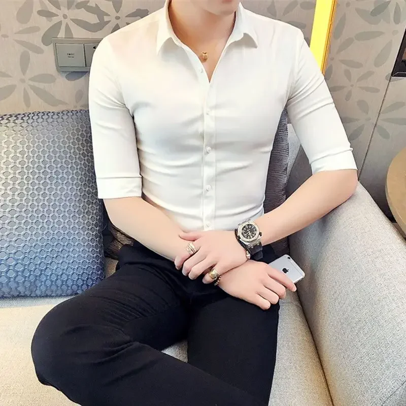 

Spring Summer Korean Fashion Polo-neck Solid Color Shirt Hombre 3/4 Sleeve All-match Bottoming Cardigans Top Men Casual Blouse