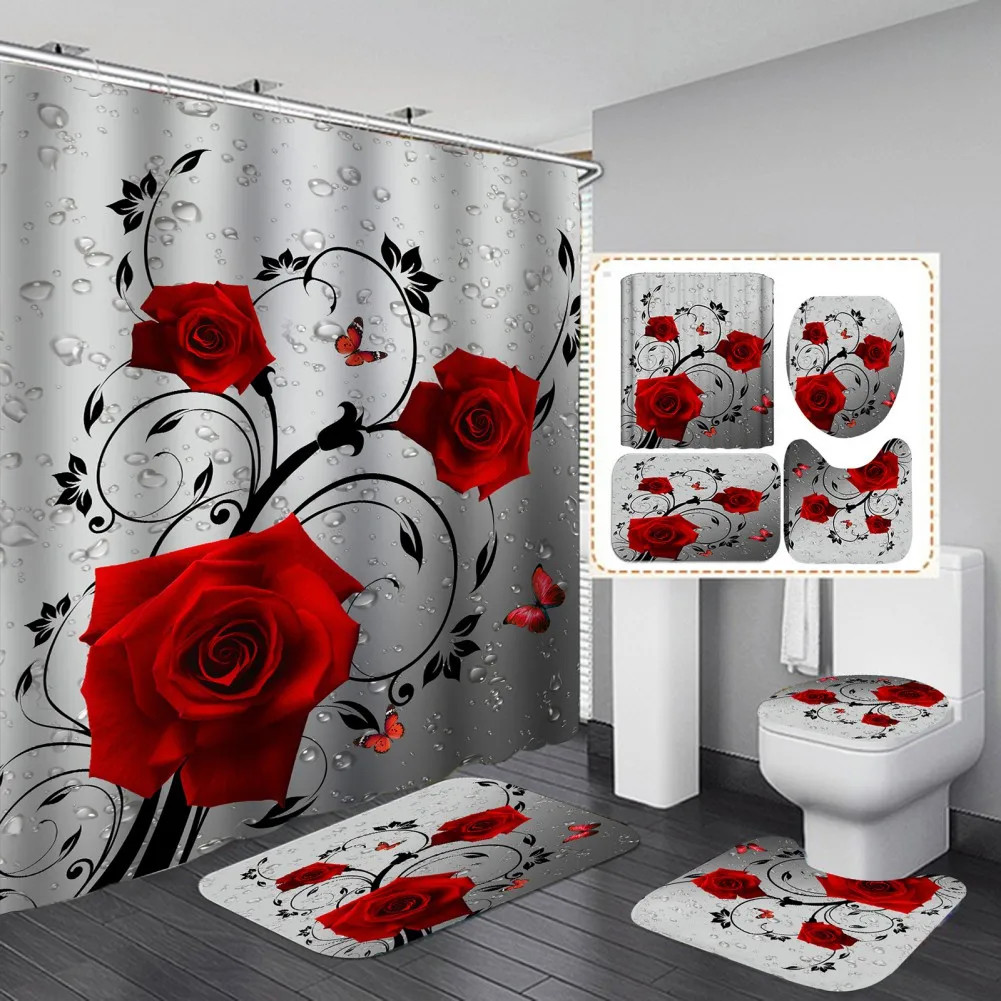 

Bath Shower Curtain with Romantic Red Rose Printed Shower Curtain And Area Rug Toilet Cover for Valentine's Day Bathroom Decor