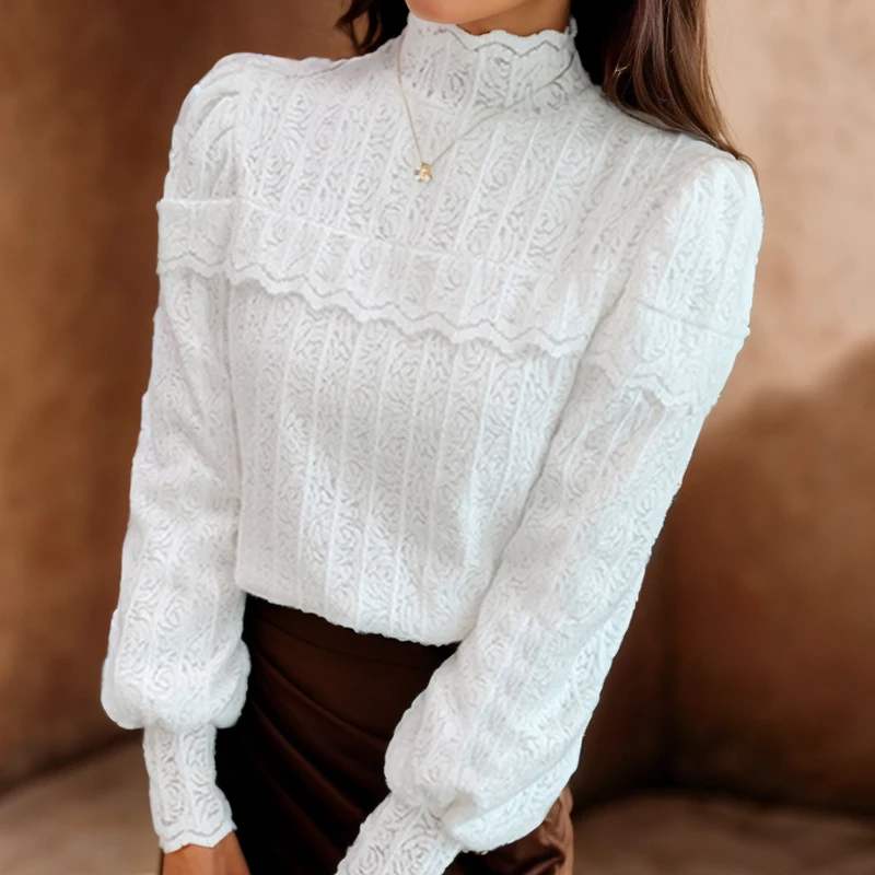 

Fashion Crochet Hollow Lace Shirt Autumn Long Sleeve Jacquard Bottoming Blouse 2023 Casual Women Clothes Sweet Tops Blusas 29713