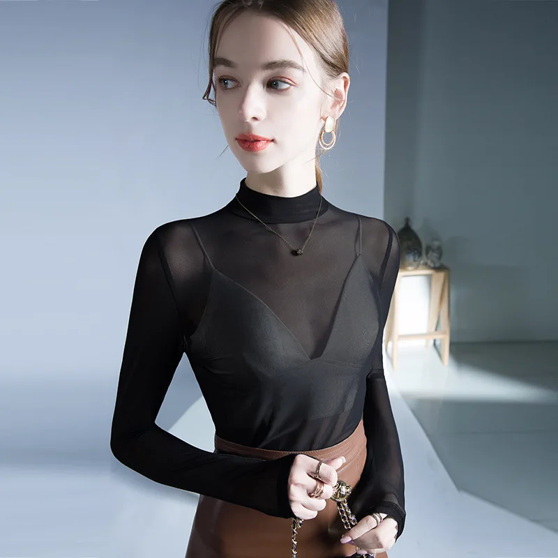 

High Quality 2024 Women Tops Elastic Force Gauze T-shirt Female Clothing Winter Autumn Sexy Crop Top Clothes Casual Blouse Y2k