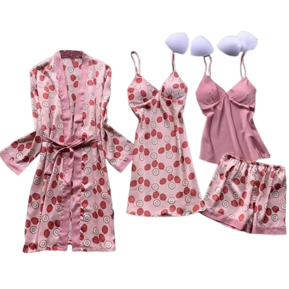 

4 Pcs/Set Women Pajamas Suit Nightgown Nightdress Top Shorts Set Silky Satin Printed Loose Lace-up Waist Thin Women Homewear