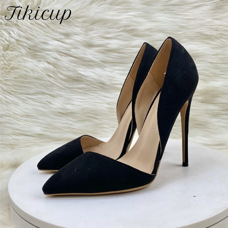 

Tikicup Elegant Women Pumps Black Flock Sexy D'Orsay Pointy Toe Stiletto Designer High Heel Slip On OL Wedding Party Dress Shoes