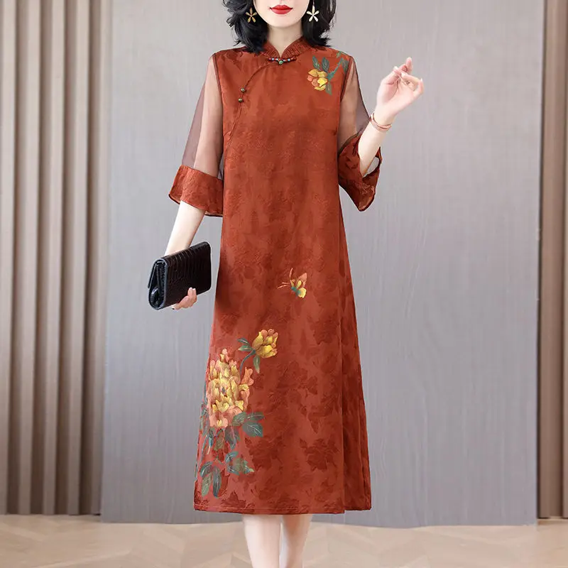 

2023 Summer Middle Aged and Elderly Mothers Jacquard Dress Fashion Mesh Sleeve Spliced Retro Printed Improved Qipao Dress Z1817