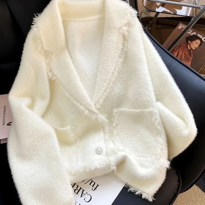 

Small Fragrance Mink Like Knitting Cardigan Women's 2023 Autumn and Winter New Korean Version Loose Tassel Vintage Sweater Coat