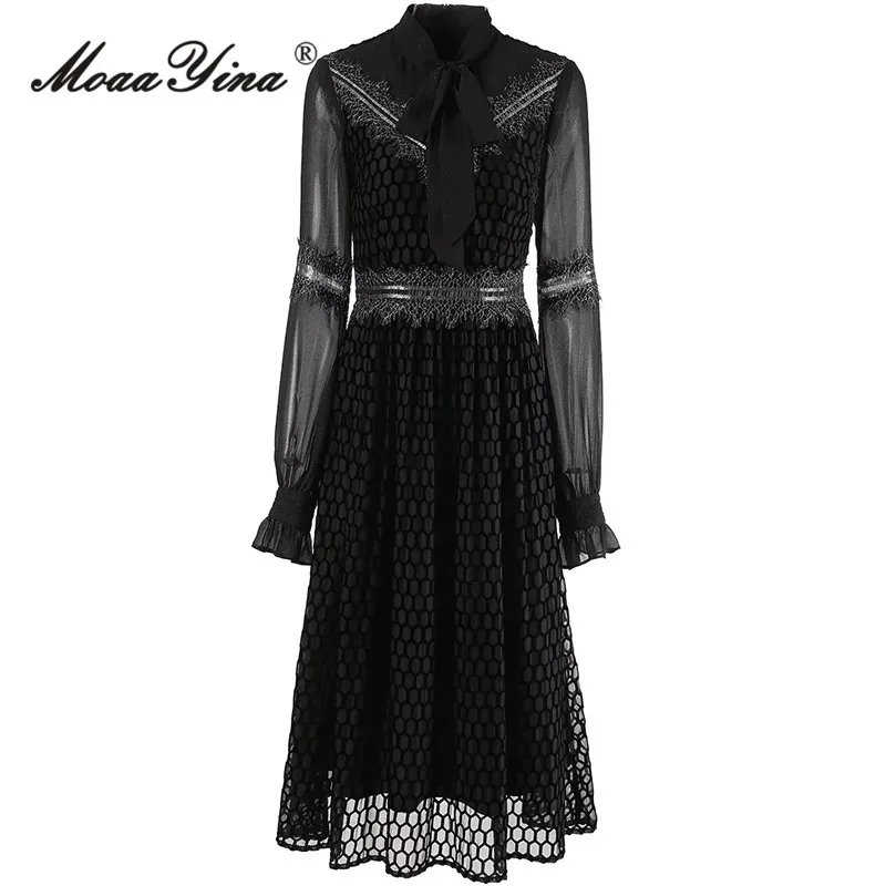 Женское платье-трапеция MoaaYina, черное винтажное вечерние платье с рукавами-фонариками и кружевом на осень