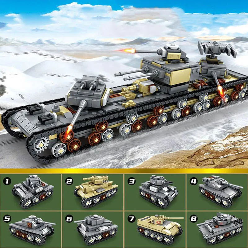 

8 In 1 Large Military WW2 KV Tank Blocks DIY Mini Panzer IV StuG III Tiger Vehicle Building Bricks Toys for Kids Birthday Gifts