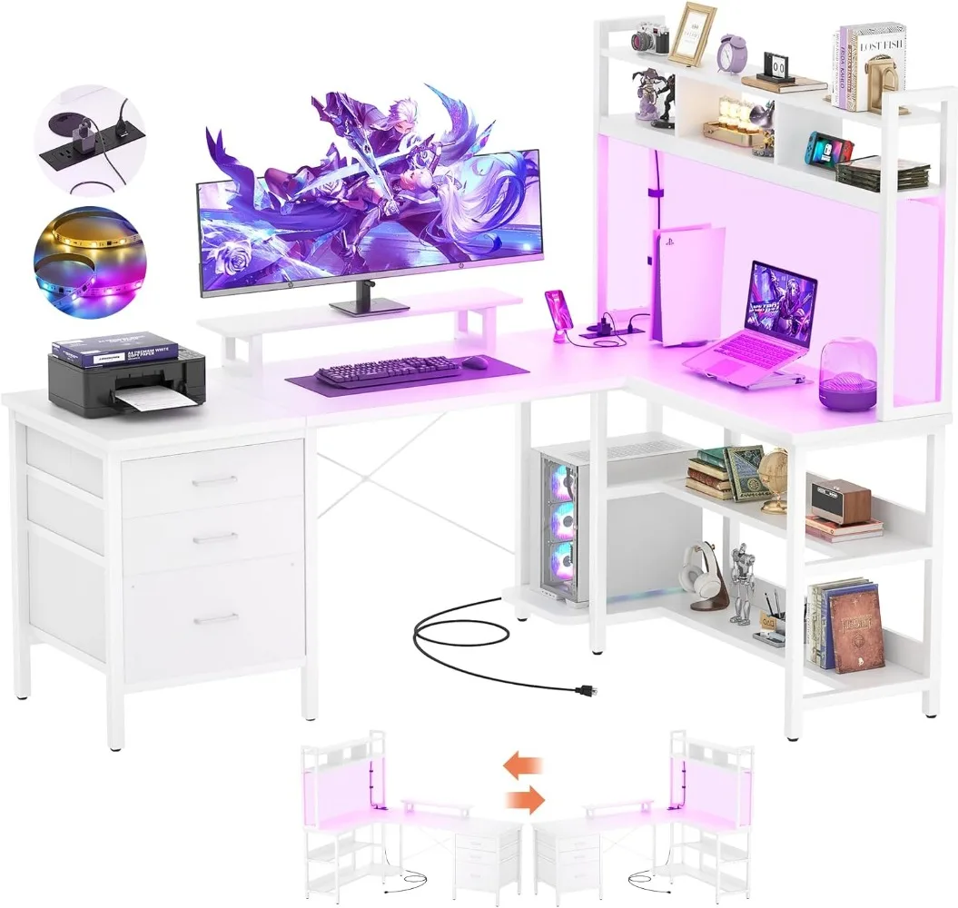 

Игровой стол Aheaplus L-образной формы, игровой, со светодиодной подсветкой, двусторонний компьютерный стол с розеткой, угловой стол