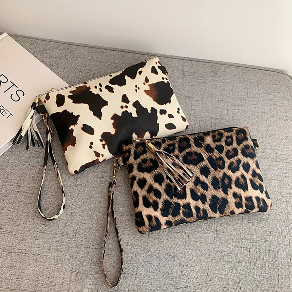 

Leopard PU Leather Wristlet Clutch Bags Women Luxury Designer Tassels Envelope Wallets Vintage Versatile Ladies Coin Purse Domil