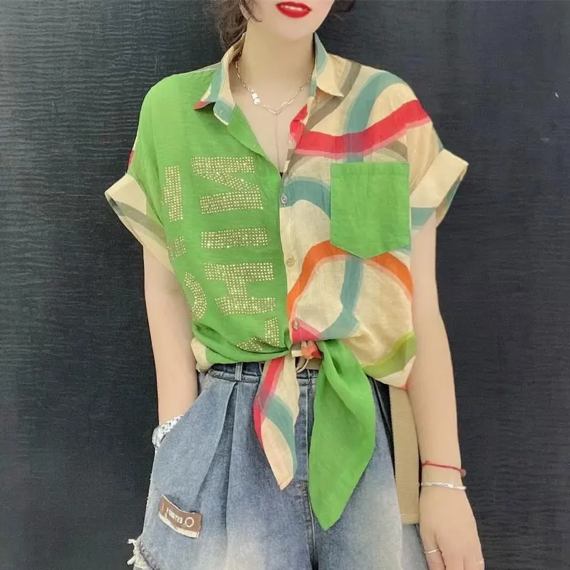 Vintage Contrasting Colors Printed Blouse Female Clothing Fashion Letter Diamonds Summer Casual Bandage Single-breasted Shirt
Vintage Contrasting Colors Printed Blouse Female Clothing Fashion Letter Diamonds Summer Casual Bandage Single-breasted Shirt