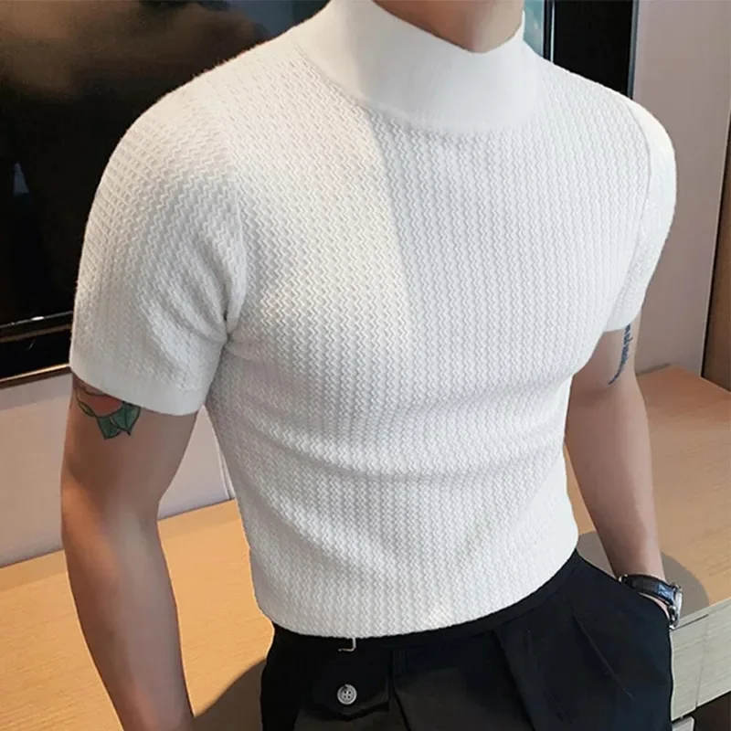 

Autumn Winter New Short Sleeve Turtleneck Sweaters Men Korean Slim Casual Knitted Pullover Fashion Stripes Christmas Sweaters