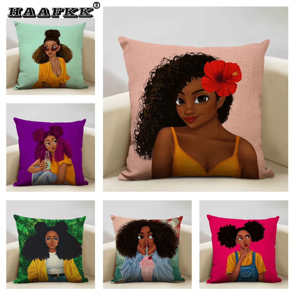 

African Fashion Decorative Cushion Cover Women Portrait 45x45cm Linen Print Living Room Sofa Decorative Throw Pillow Case