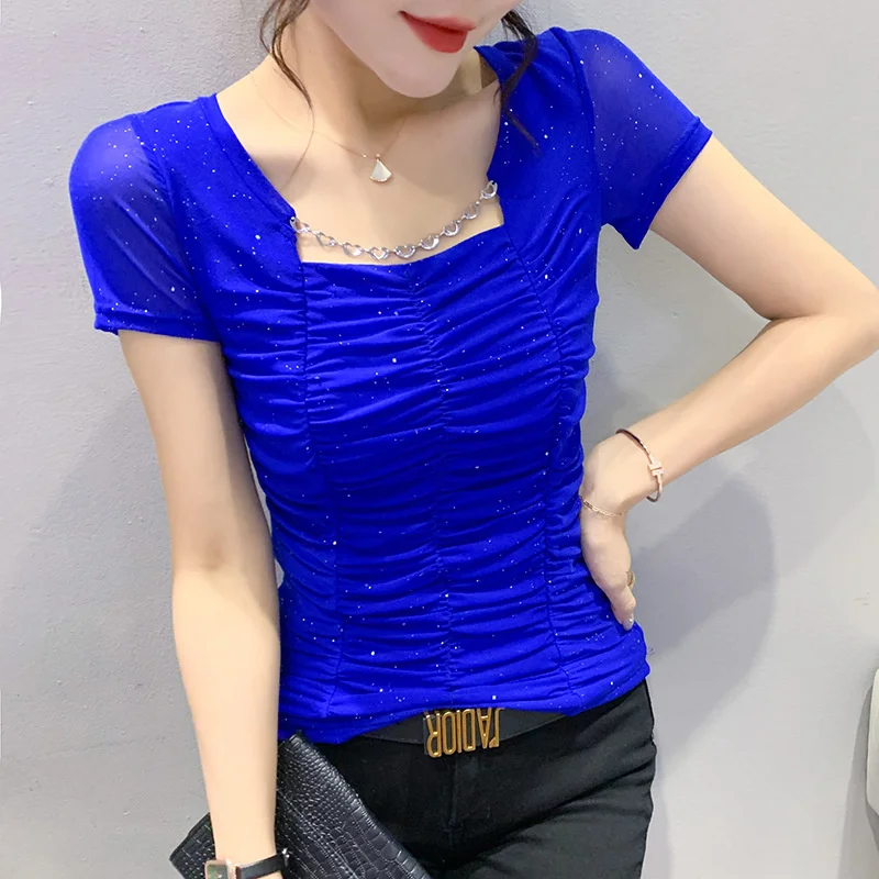#7414 Black Blue Green Red Mesh T Shirt Women Thin Folds Pleated Short Sleeve T Shirt Female Square Collar Sexy Club Skinny Tee
#7414 Black Blue Green Red Mesh T Shirt Women Thin Folds Pleated Short Sleeve T Shirt Female Square Collar Sexy Club Skinny Tee