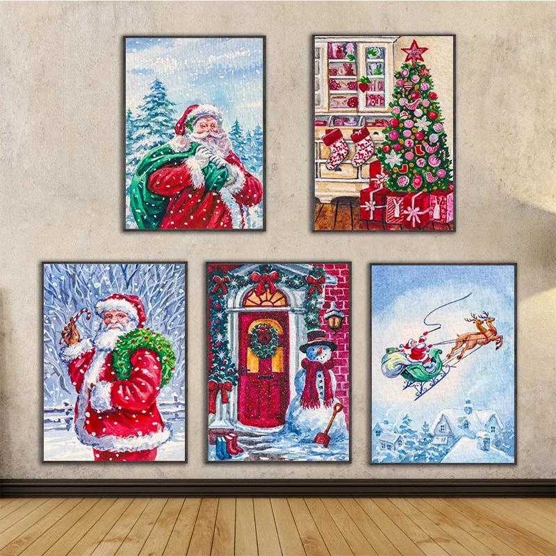 

Santa Claus Christmas Tree Snowman Stocking Oil Painting Canvas Posters and Prints Wall Picture for Living Room Xmas Decoration