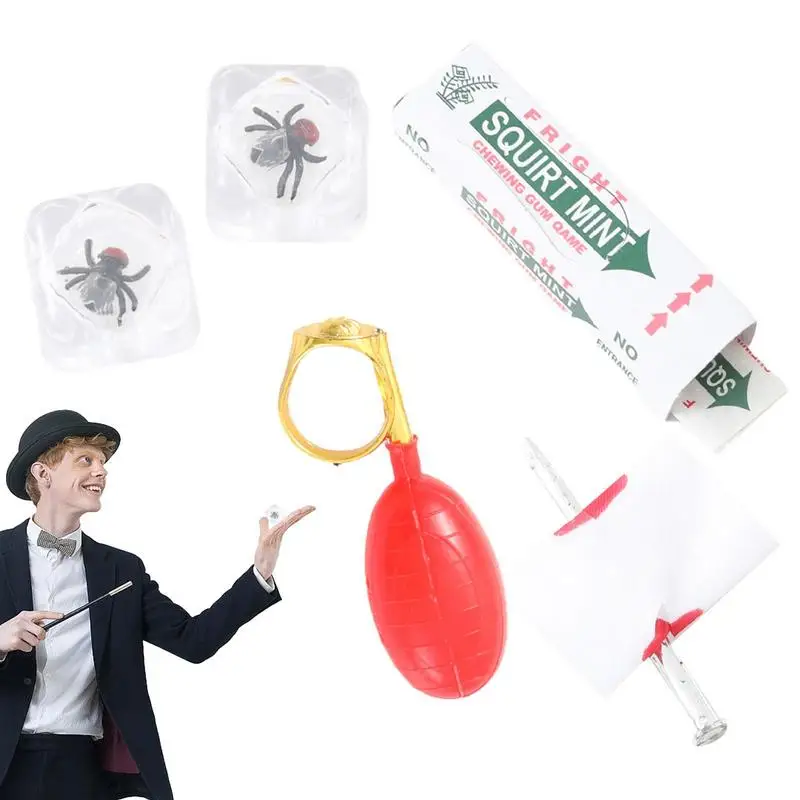 

Prank Kit 4 Pieces Prank Games Joke Tricky Game Set Water Spray Ring Piercing Nails Ice Bugs Flies Surprising Prank Gag Gifts