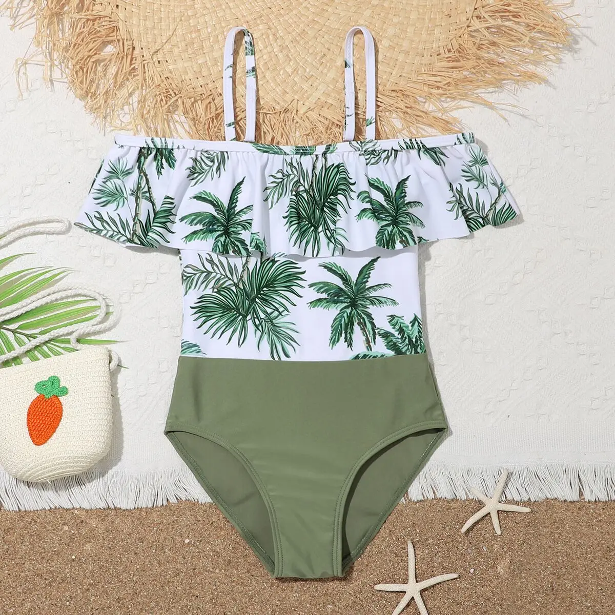 

Coconut Palm Print Girls One Piece Swimsuit for Kids Swimwear Off Shoulder Ruffle Children Beachwear Teens Bathing Swimming Suit