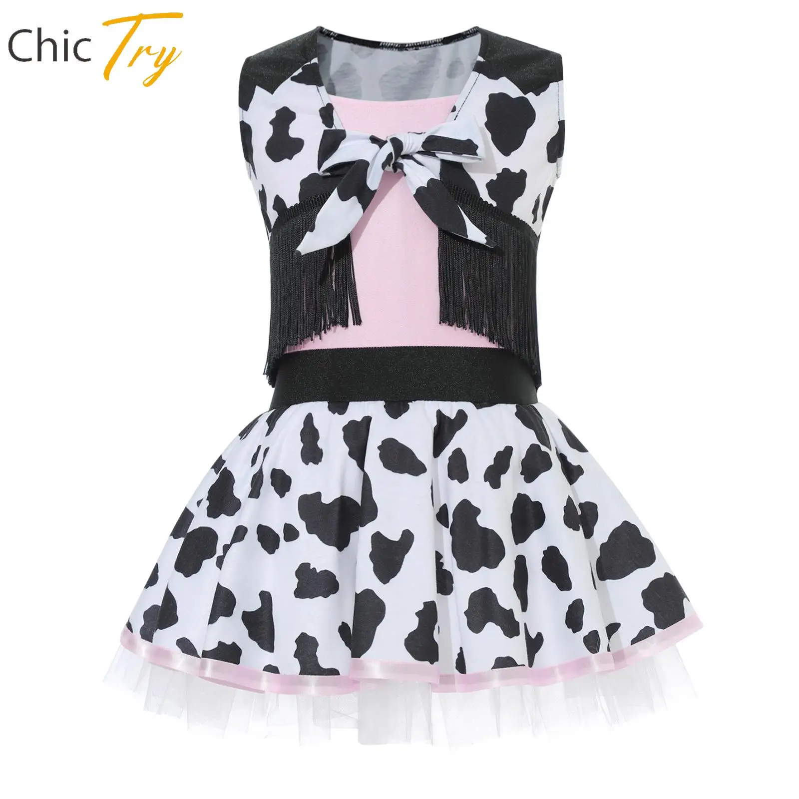 

Kids Girls Cowgirl Costume Dalmatian Print Cami Dress Tutu Dress with Tassels Vest Set for Halloween Western Cowboy Dress Up