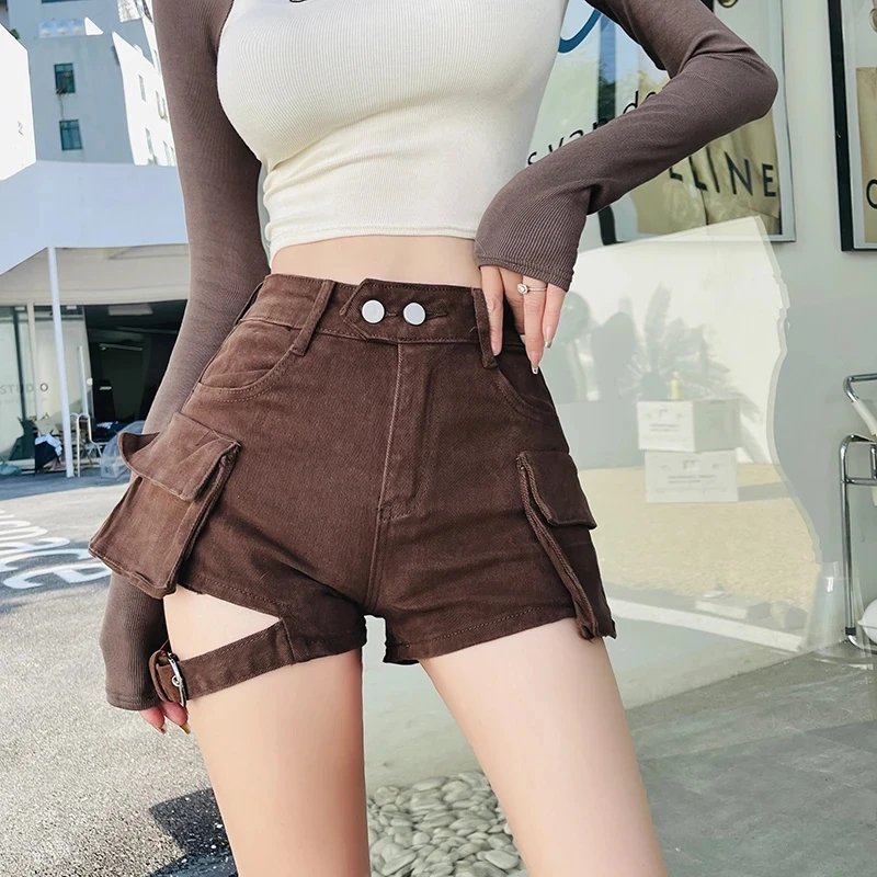 

Vintage stretch high-waisted workwear denim shorts female summer small American big pockets a word hot trousers for hot girls