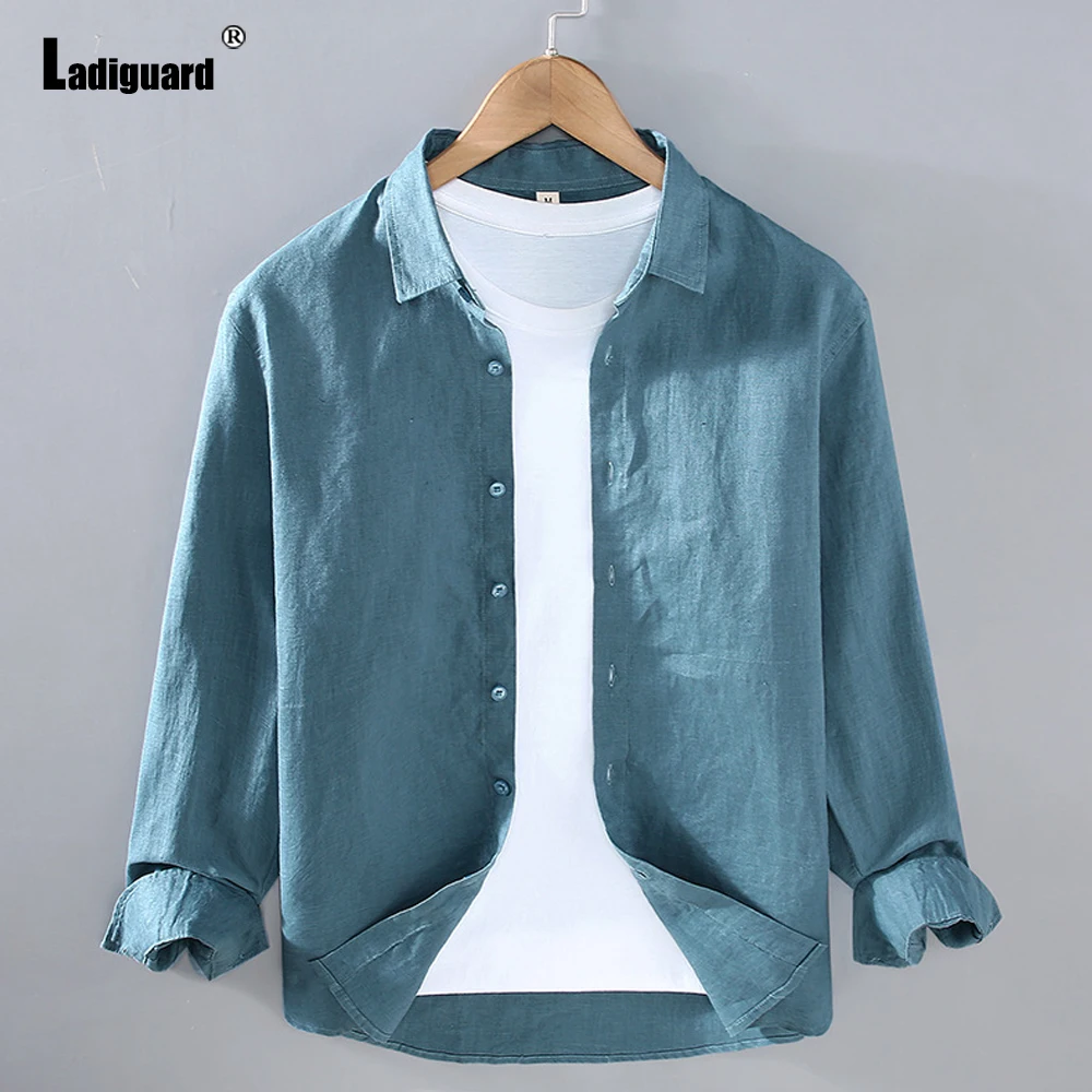 

Ladiguard 2023 Europe Casual Linen Shirts Lepal Collar Shirt blusas Homme Sexy Tunic Blouse Plus Size Masculina Camisa Basic Top