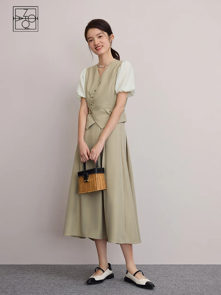 

ZIQIAO Commuter Temperament Puff-sleeved Shirt Skirt Suit for Female Summer Niche Design V-neck Shirt + A-line Skirt Women Sets