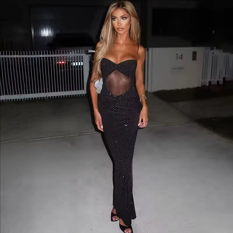 Prom Dress Sexy Fashionable Style Hot Diamond Dress Slimming Drip Plastic Mesh Splicing Wrapped Hip Camisole Backless Vestido 3 S7dfed0f8650e4aa09d404eb03183cbb8L