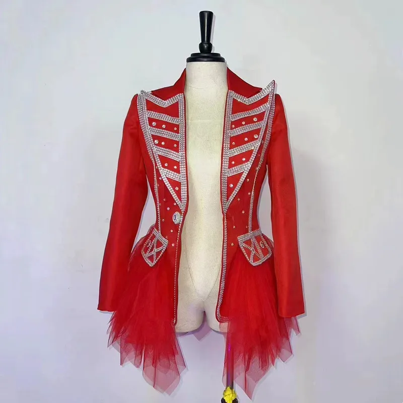 

Red White Slim Fluffy Gauze Rhinestones Blazer Dress Women Singer Leading Dancer Concert Stage Show Costume Birthday Party Coat