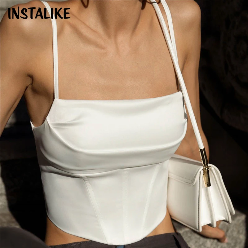 

InstaLike Sexy Corsets Spaghetti Strap Tops Backless Bandage Slim Crop 2024 Summer Elegant Lace Up Party Streetwear Women Camis