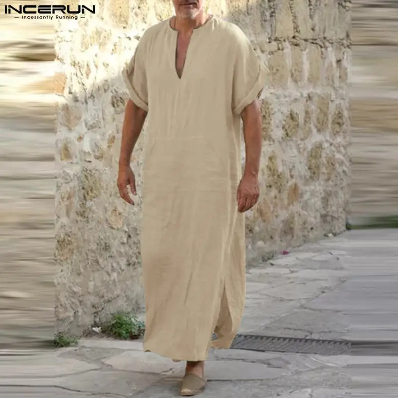 INCERUN 2023 Men Muslim Kaftan Solid Cotton Jubba Thobe V Neck Short Sleeve Islamic Arabic Men Caftan Pockets Retro Abaya S-5XL
INCERUN 2023 Men Muslim Kaftan Solid Cotton Jubba Thobe V Neck Short Sleeve Islamic Arabic Men Caftan Pockets Retro Abaya S-5XL