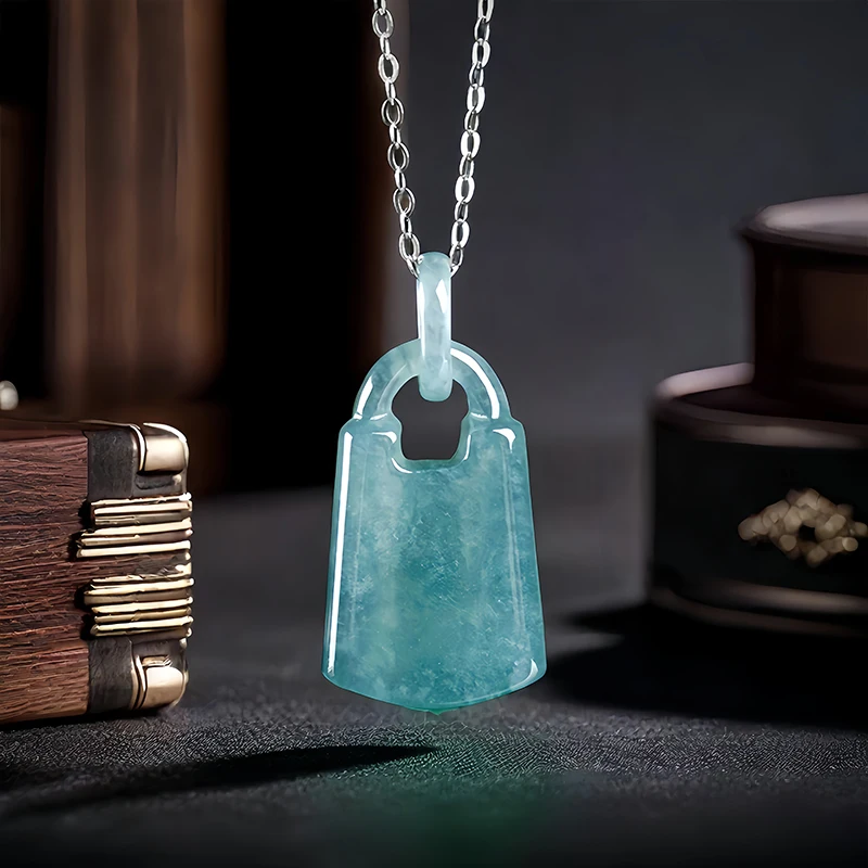 

Blue Myanmar Jadeite Lock Pendant Necklace Talismans Gifts for Women Amulet Real Jewelry Natural Burmese Jade Man Carved Choker