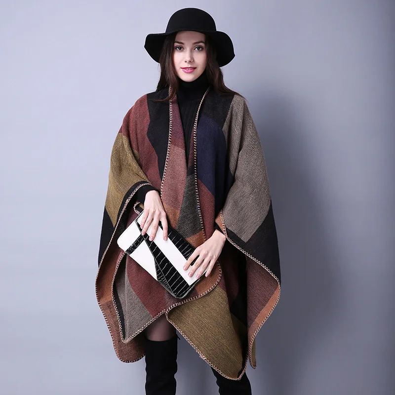 

Autumn Winter Lattice Women Travel Shawl Imitation Cashmere European National Style Fork Thickened Cloak Ponchos Capes